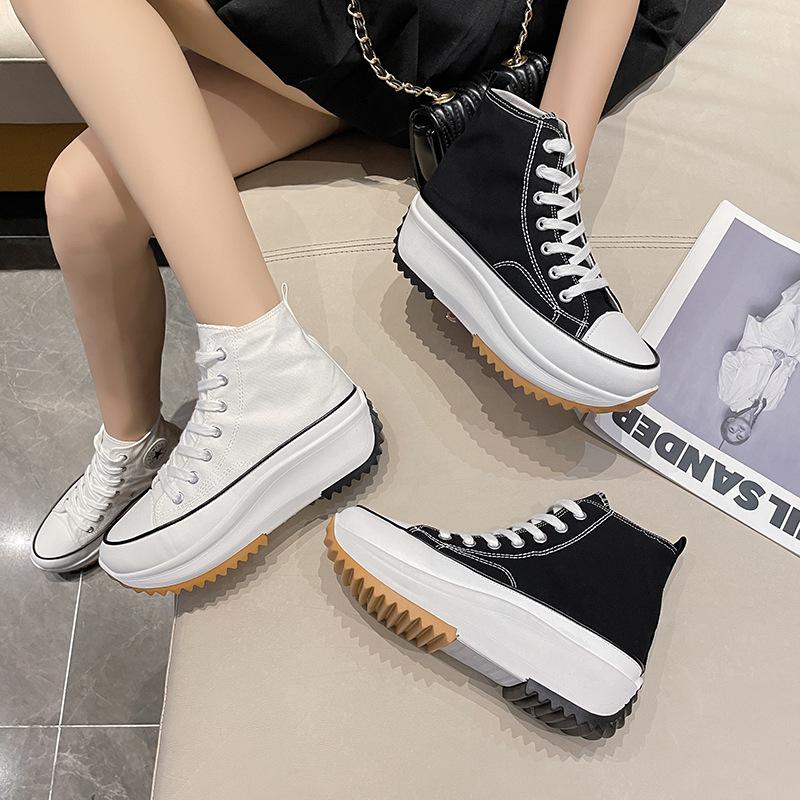 Thin Heightening Canvas Shoes Women'S New High-Top Casual Shoes Niche Muffin Thick-Soled White Shoes Versatile Shoes