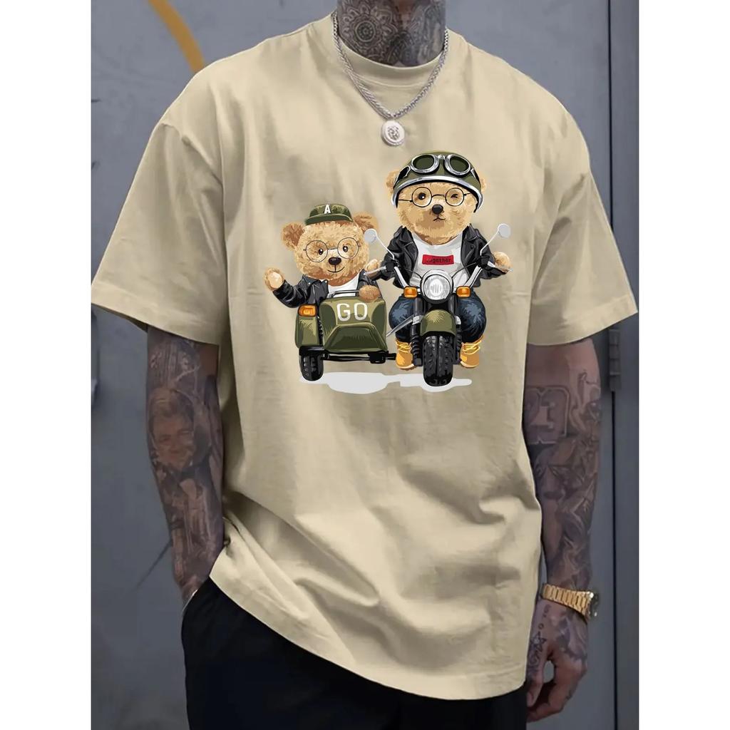 Летние мужские футболки из 100% хлопка, модные, повседневные, спортивные, свободного кроя, с принтом мультяшного медведя, с круглым вырезом и короткими рукавами