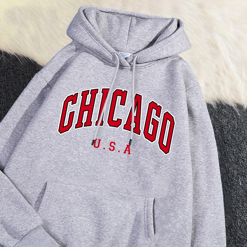 Повседневная женская толстовка с капюшоном Chicago Usa City Letter Graphic Printing Pullover Флисовая удобная толстовка с карманами Осенняя уличная одежда