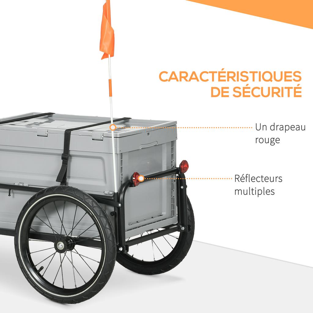 Bike Trailer with Removable and Foldable 65L Storage Box, Safety Reflectors, Max. Load 40KG, Grey