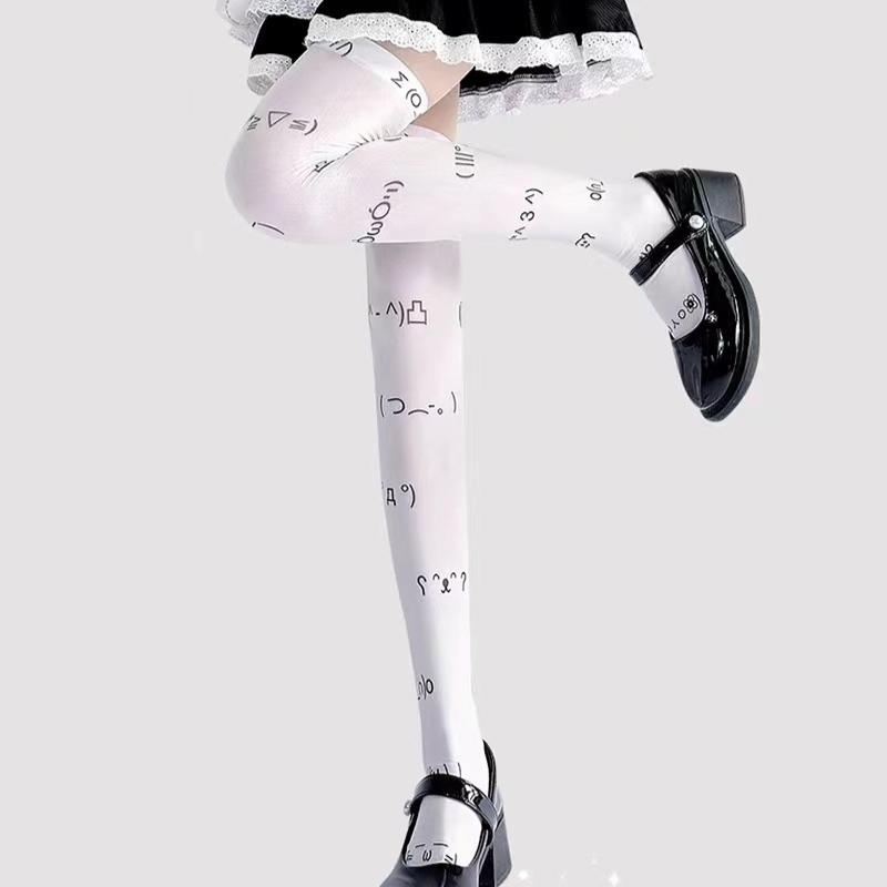 Kawaii Expression White Graffiti Letter Print Long Socks Japanese JK Harajuku Over Knee Thigh High Stockings Cosplay Socks