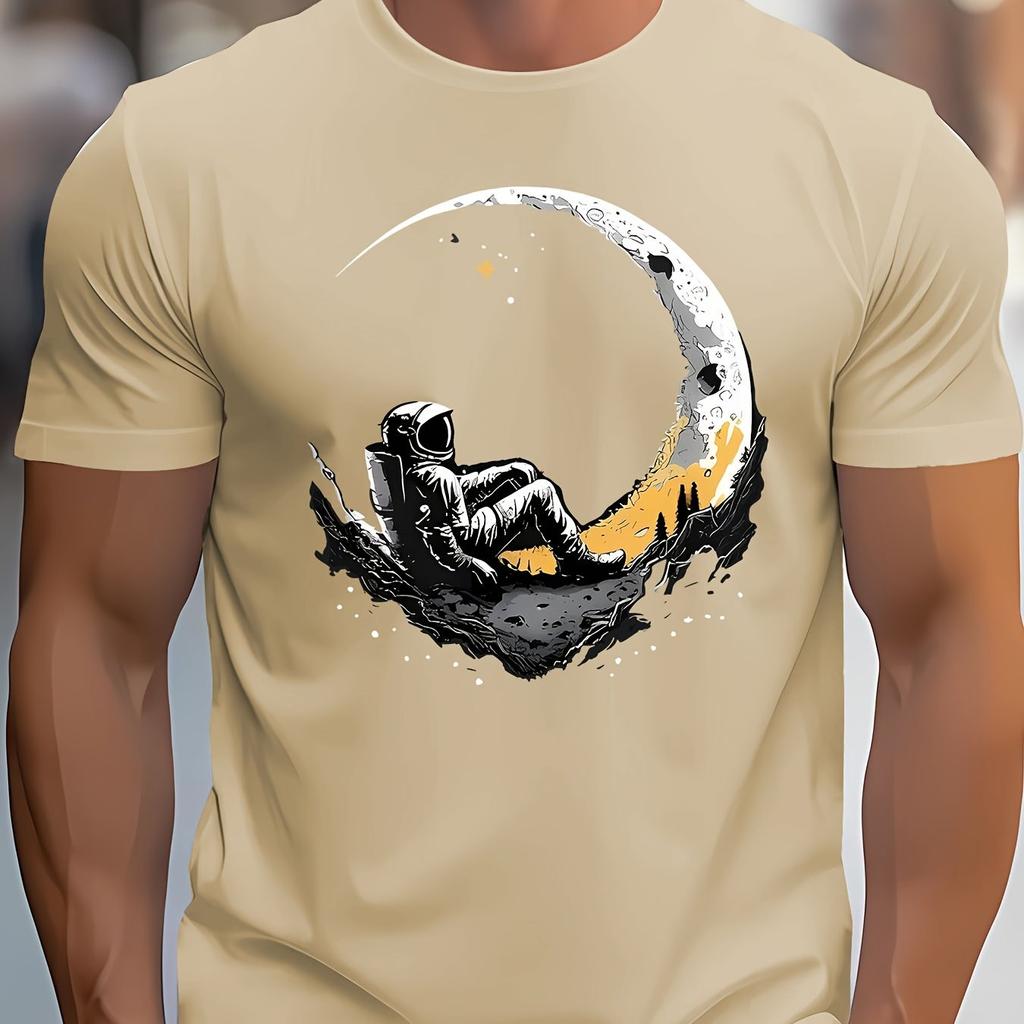 Мужская летняя модная повседневная футболка свободного кроя больших размеров из 100 хлопка с принтом луны и надписью, спортивная, с круглым вырезом и коротким рукавом