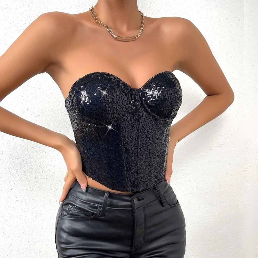 Shiny Sequin Waist Shaper Black Female Street Wear Corset Bustier Top Women's Clothing Accessories