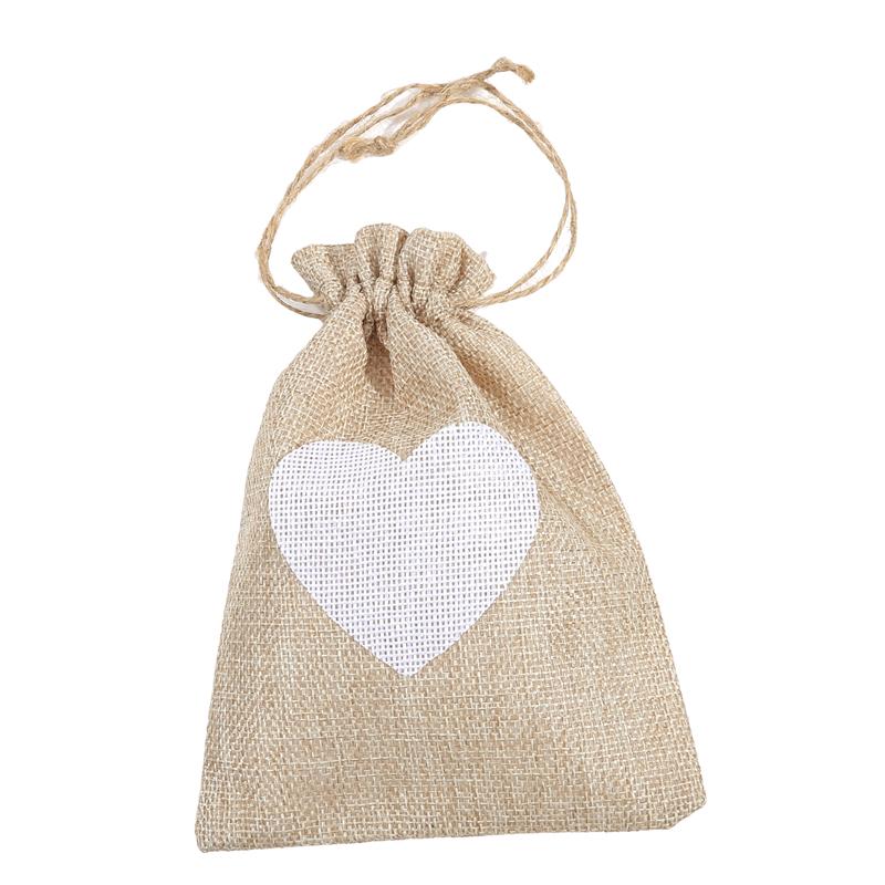 10Pcs Heart Shape Linen Small Drawstring Bag Reusable Burlap Jewelry Storage Pouch Gift Packaging Bags Party Candy Bags