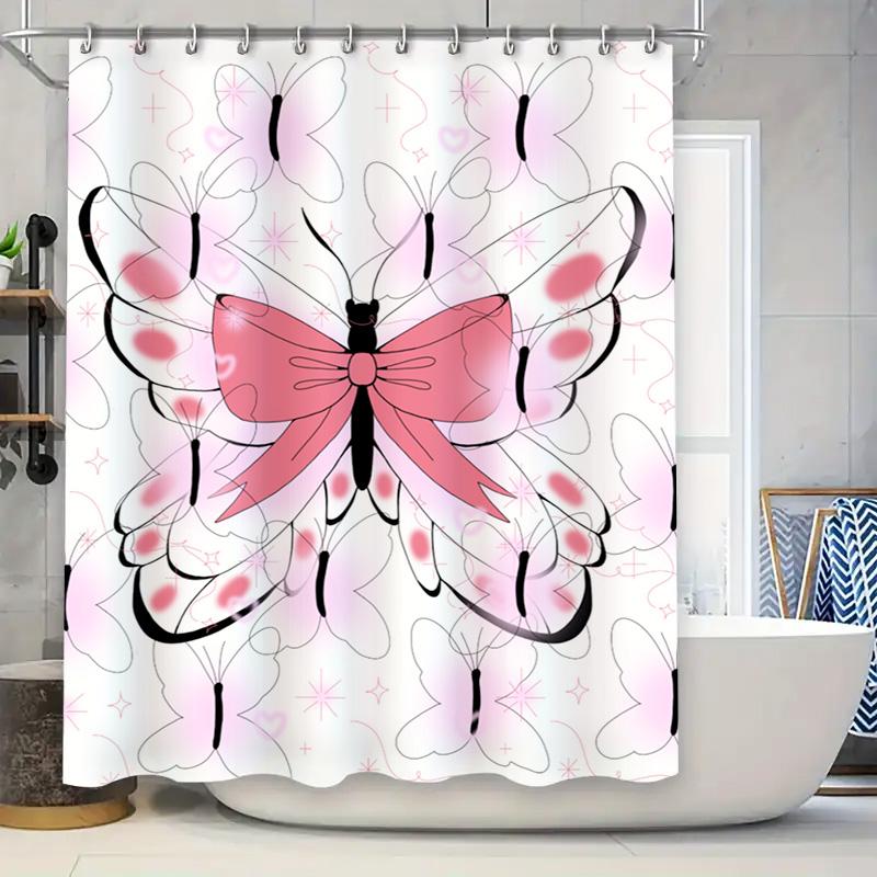 Pink Butterfly Shower Curtain with Black Outline Pattern for Bathroom Decor Waterproof Fabric, Flower Design Home Bath Accessori