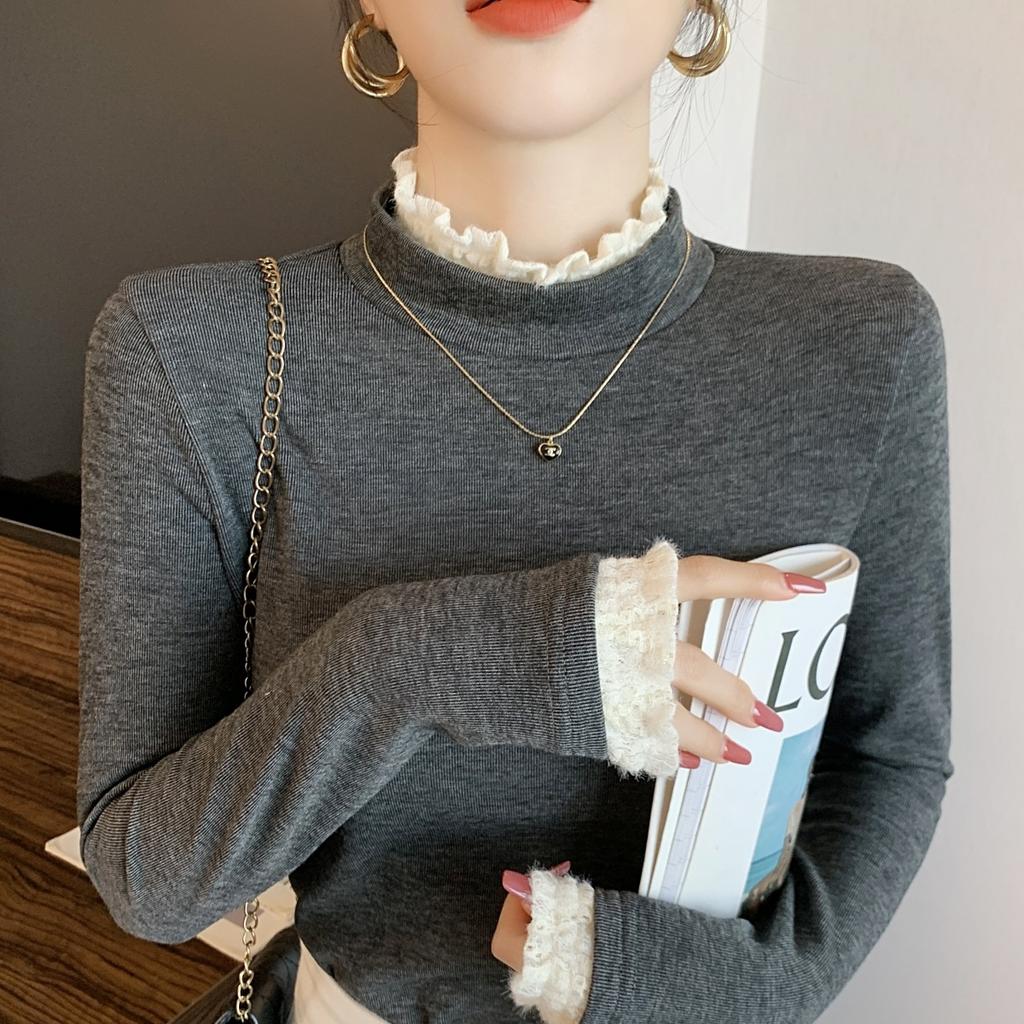 Кружевной топ с полувысоким воротником женский весенний теплый бархатный с длинным рукавом футболка с имитацией кашемира базовая