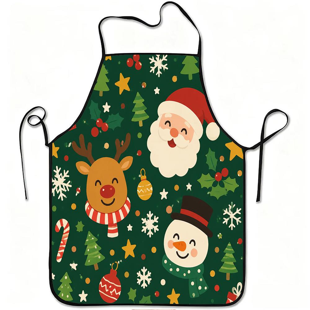 1pc Santa Claus Reindeer Snowman Christmas Tree Print Apron, Durable And Easy to Clean, Adjustable Waistband, Polyester Material, for Kitchen Cooking,