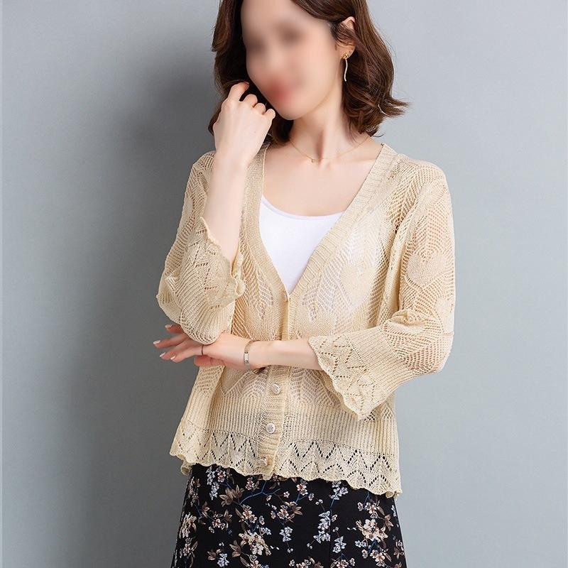 Летняя короткая куртка с тонкой шалью и ажурной рубашкой с кондиционером, вязаный кардиган из ледяного шелка для женщин