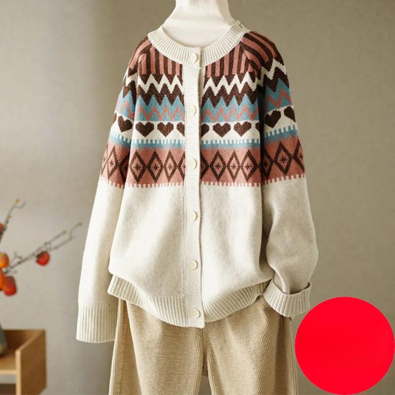 Весна Осень Винтаж Жаккард Круглый Вырез Вязаный Кардиган Женский Дикий Плюс Размер Свитер Пальто