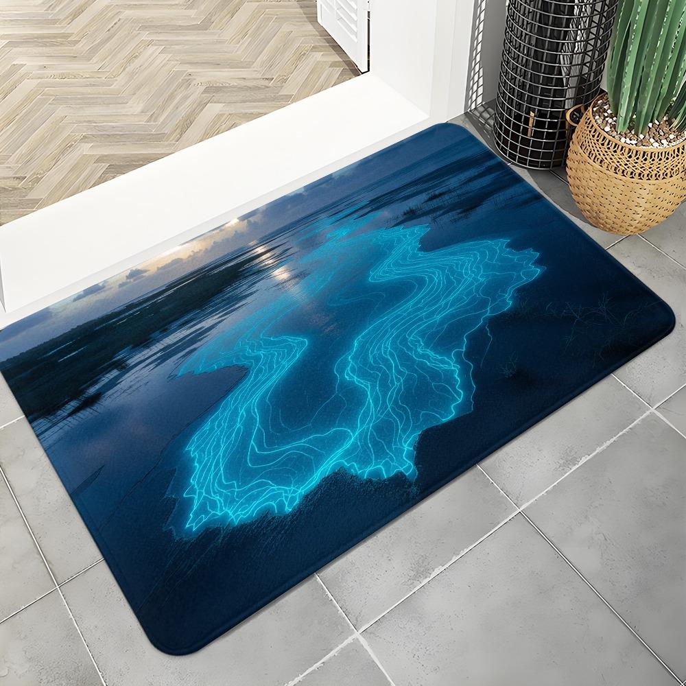 Abstract Topo Doormat Neon Blue Contour Lines On Dark Sea Background Futuristic Entry Mat For Office Or Tech Enthusiast Space