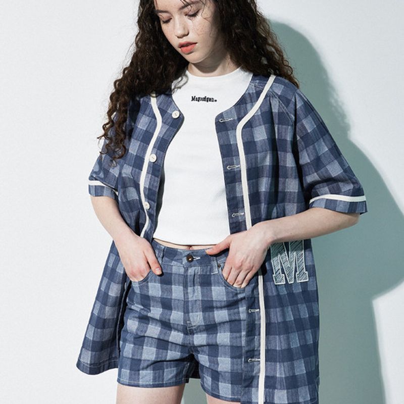 MAGOODGAN MINIT 7933 Apron Check Indigo Shorts Hot Pants