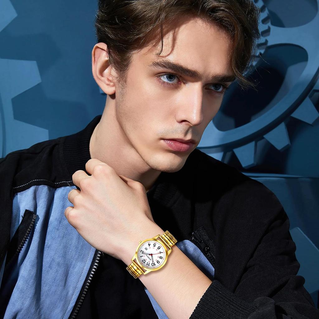 Мужские круглые часы с эластичным ремешком, водостойкие, с арабскими цифрами, аналоговый дисплей из нержавеющей стали, функция календаря, кварцевый механизм, стильные