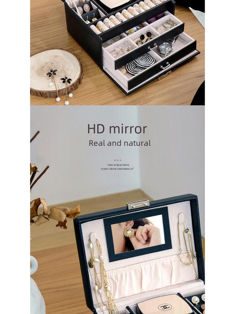 Роскошная кожаная шкатулка для украшений с трехслойным хранением колец, сережек и ожерелий