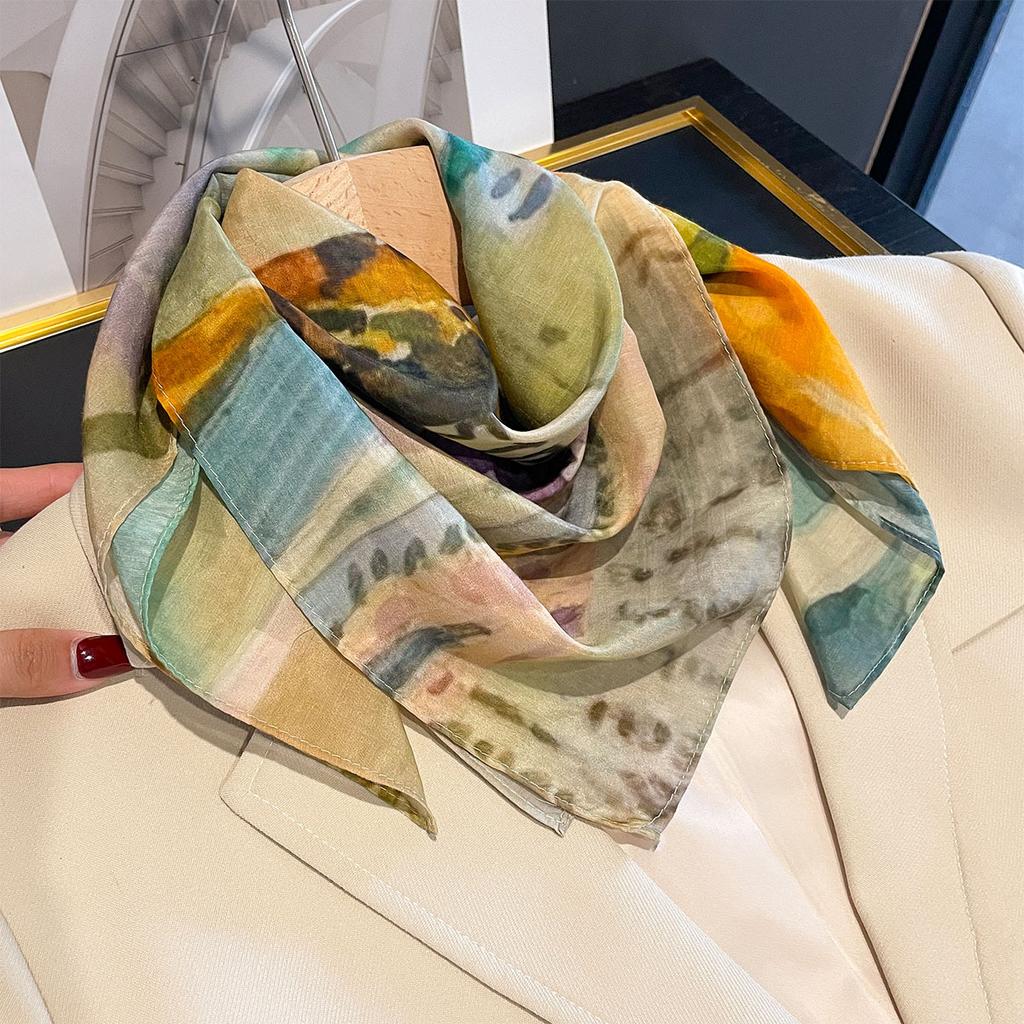 Summer new fashionable versatile Chinese square scarf temperament simple silk cotton Chinese square scarf personalized plant printing silk scarf whole