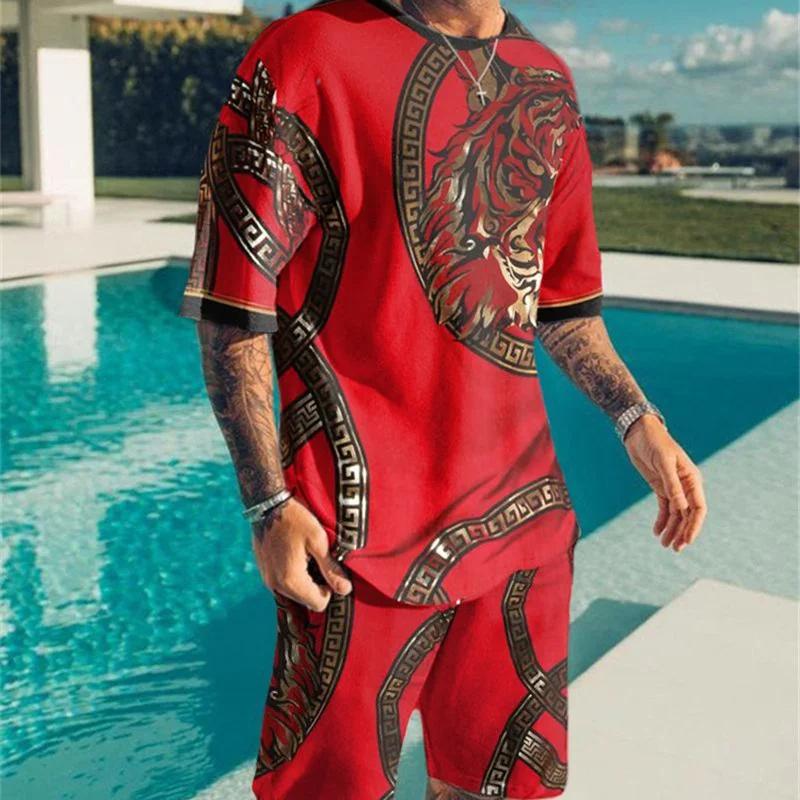 Летние модные мужские комплекты из 2 предметов, спортивные костюмы, повседневные футболки с короткими рукавами и 3D принтом + шорты, брюки, костюмы, мужская одежда, наряд