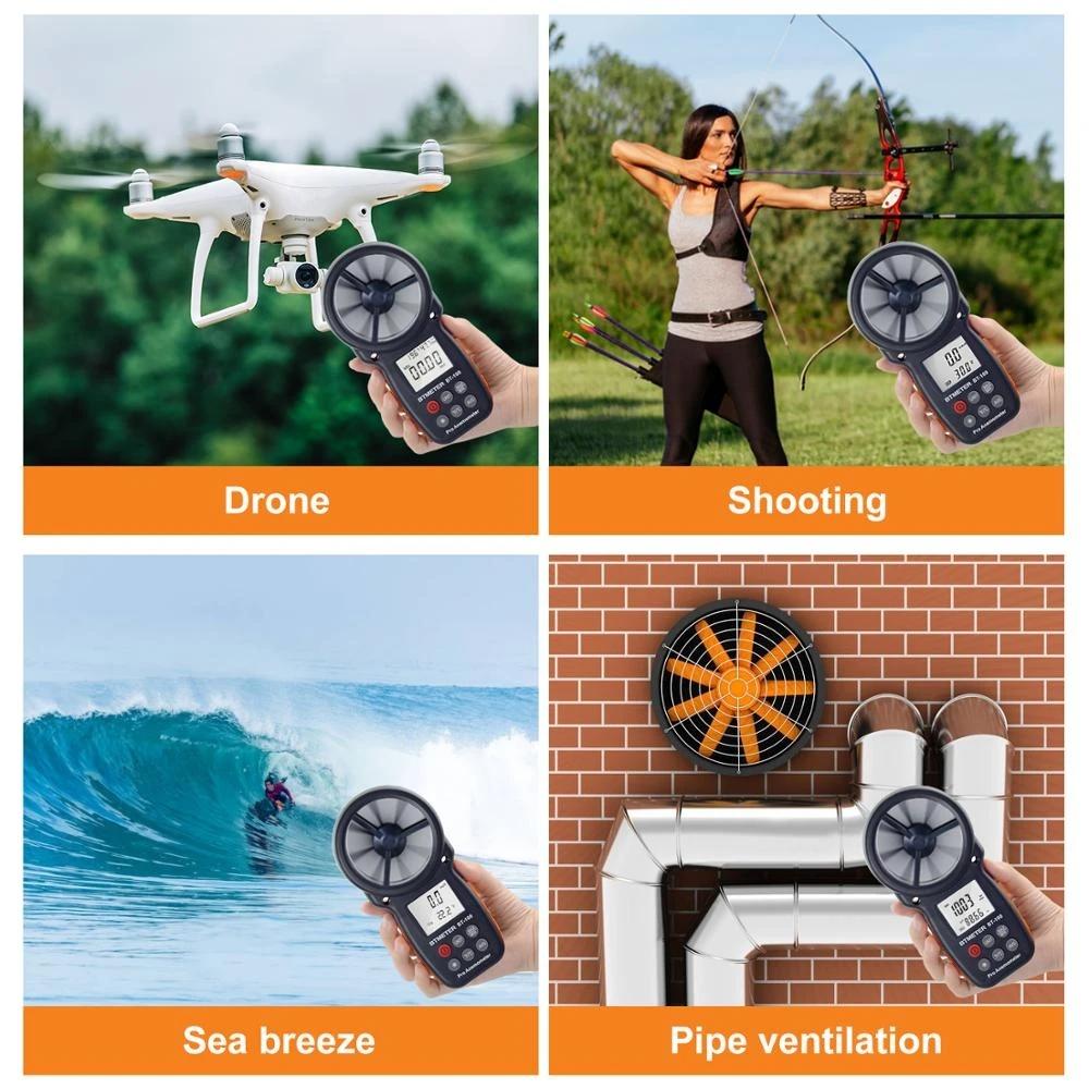 Цифровой анемометр, портативный измеритель скорости ветра BT-100 для измерения скорости ветра, температуры и охлаждения ветром с ЖК-дисплеем с подсветкой
