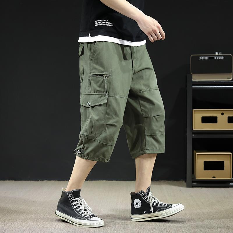 Summer Elastic Waist Straight Loose Tooling Cropped Breeches Men's Sports Plus Fat Plus Size Casual Multi-pocket Shorts