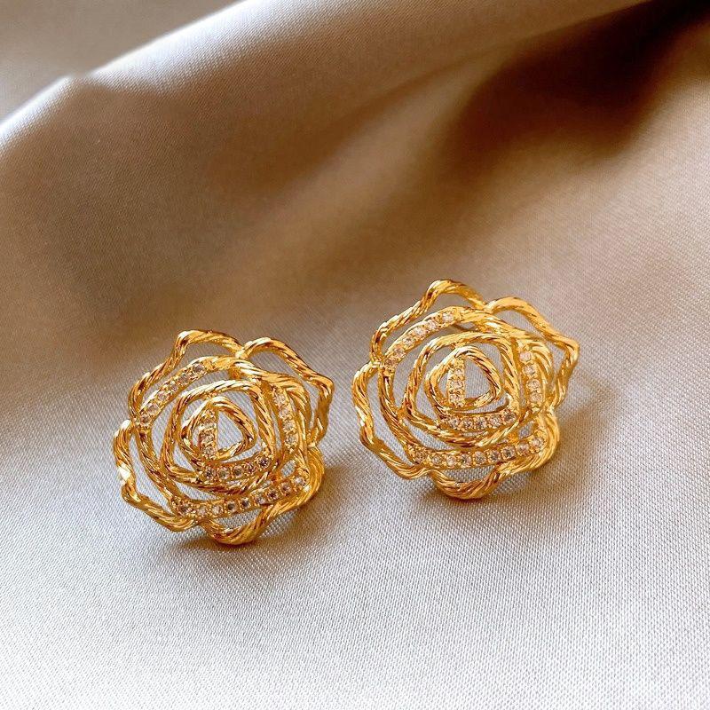 14k real gold electroplated zircon hollow flower earrings, stud earrings, exquisite earrings for women