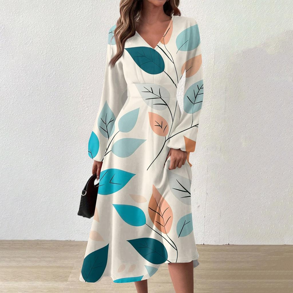 Женское осенне-зимнее повседневное модное длинное платье с v-образным вырезом и длинным рукавом с принтом дефолиации