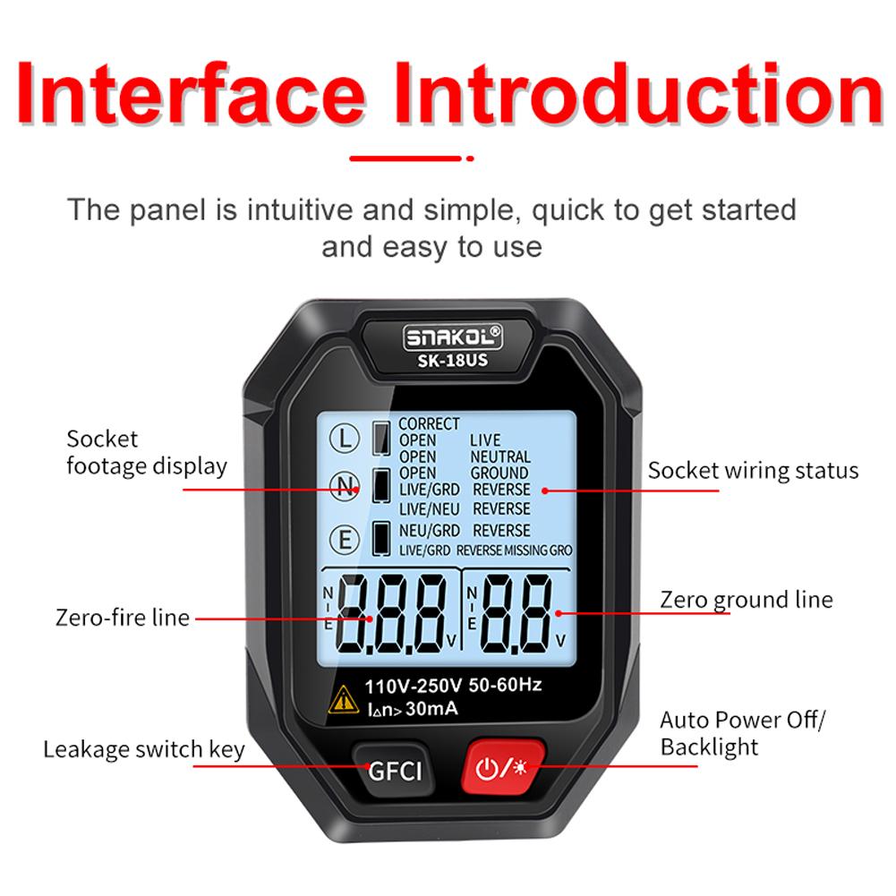 Интеллектуальный тестер розеток Ручной тестер напряжения Инструмент обнаружения утечки RCD ЖК-дисплей с функцией голосового управления