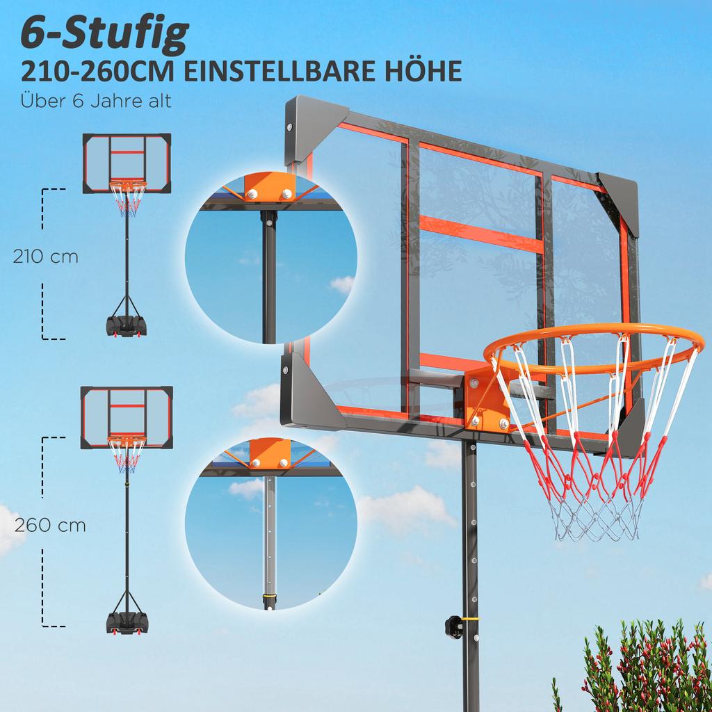 Basketball Hoop Outdoor Indoor, 210-260cm Height Adjustable Basketball Hoop with Wheels, Larger Base, for 6+ Years, Red