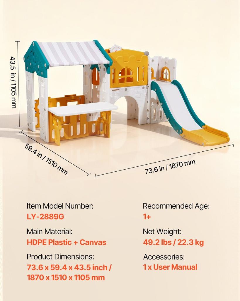 Outdoor Playhouse, Versatile Toddler Playground with Slide, Basketball, Telescope, Steering Wheel, Crawling Tunnel, Sales Window, Toddler Playset for
