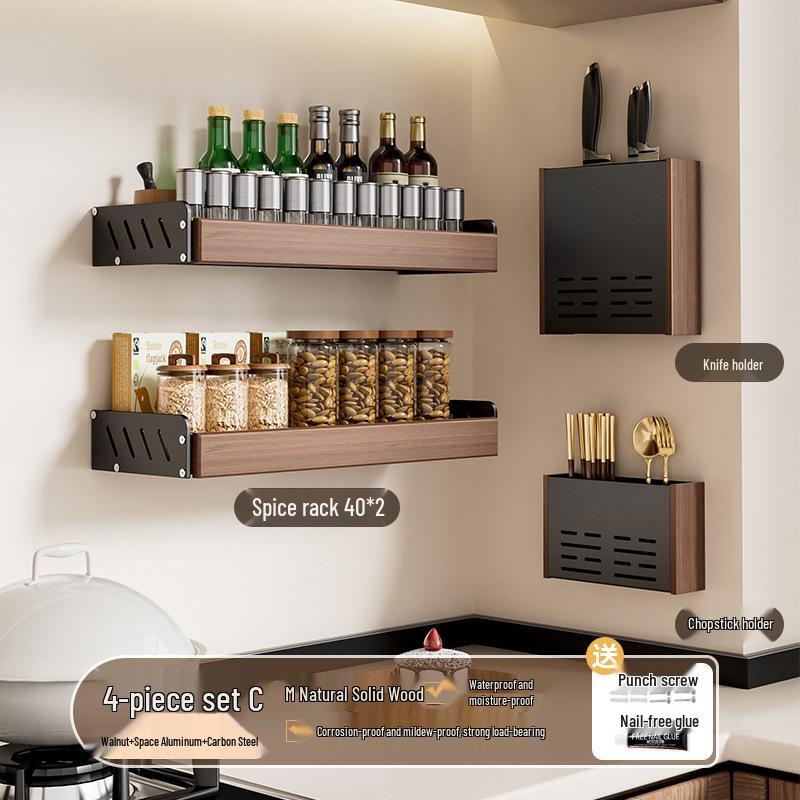 Punch-Free Wall-Mounted Walnut Kitchen Storage Rack: Multi-Layer Spice Shelf