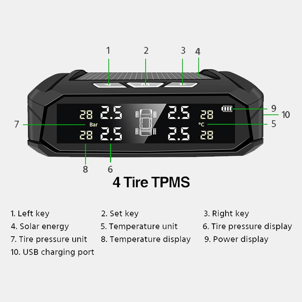 E-ACE K10 Солнечная TPMS Автомобильная система сигнализации давления в шинах Система контроля температуры шин Цифровой дисплей Автоматические системы охранной сигнализации с 4 датчиками