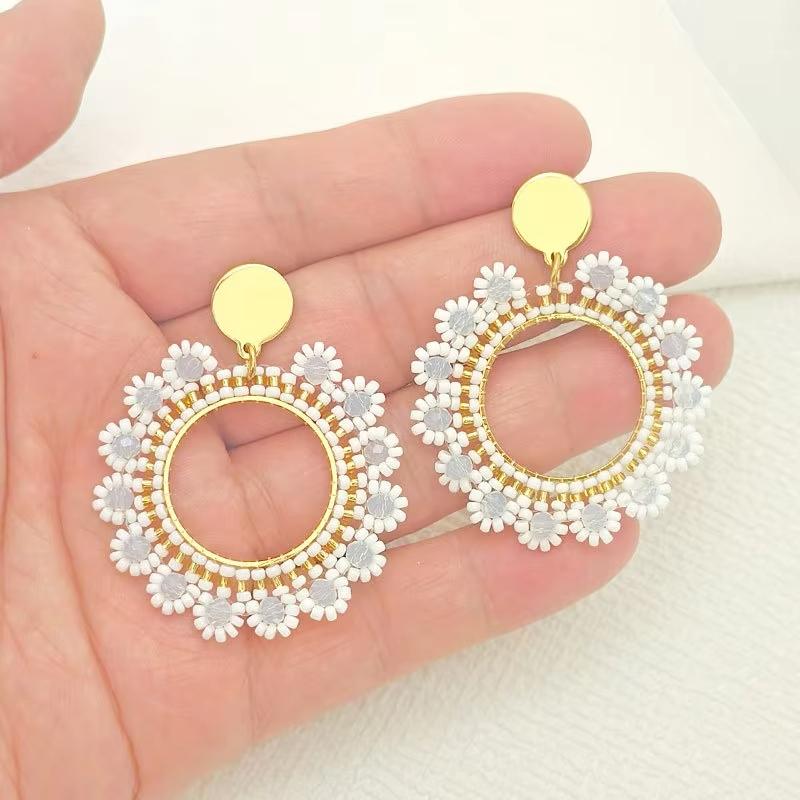 High-Grade Bohemian Style Drop Earrings Handmade with Gold Plating Stainless Steel Glass Rice Beads New Flower Design