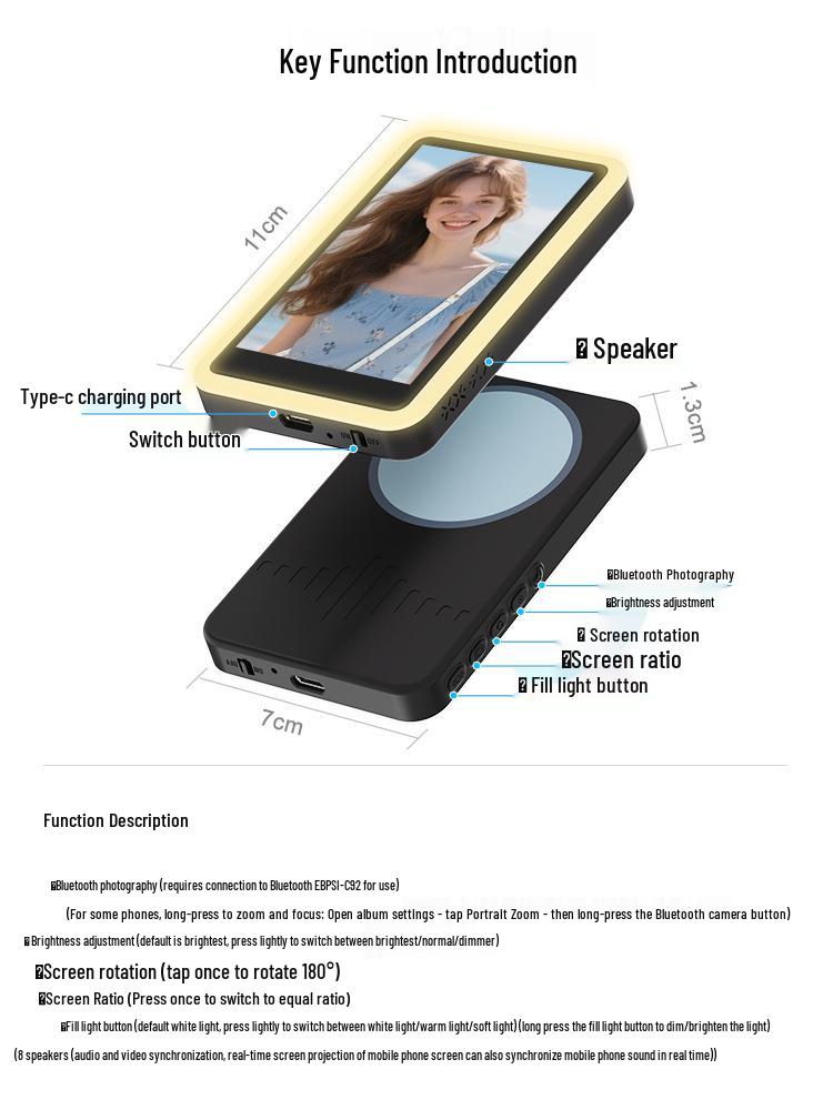 High-Definition Rear Camera Projection & Live Broadcast Selfie Device with Fill Light