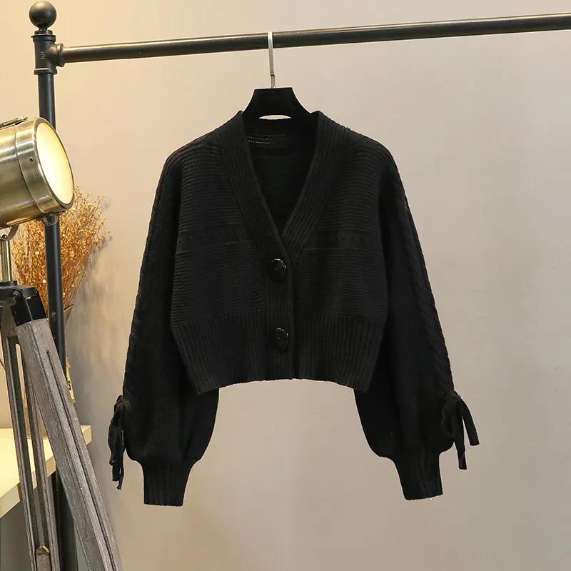 Женский осенне-зимний короткий вязаный кардиган высокого класса с V-образным вырезом и рукавами-фонариками, свитер-пальто, женский топ