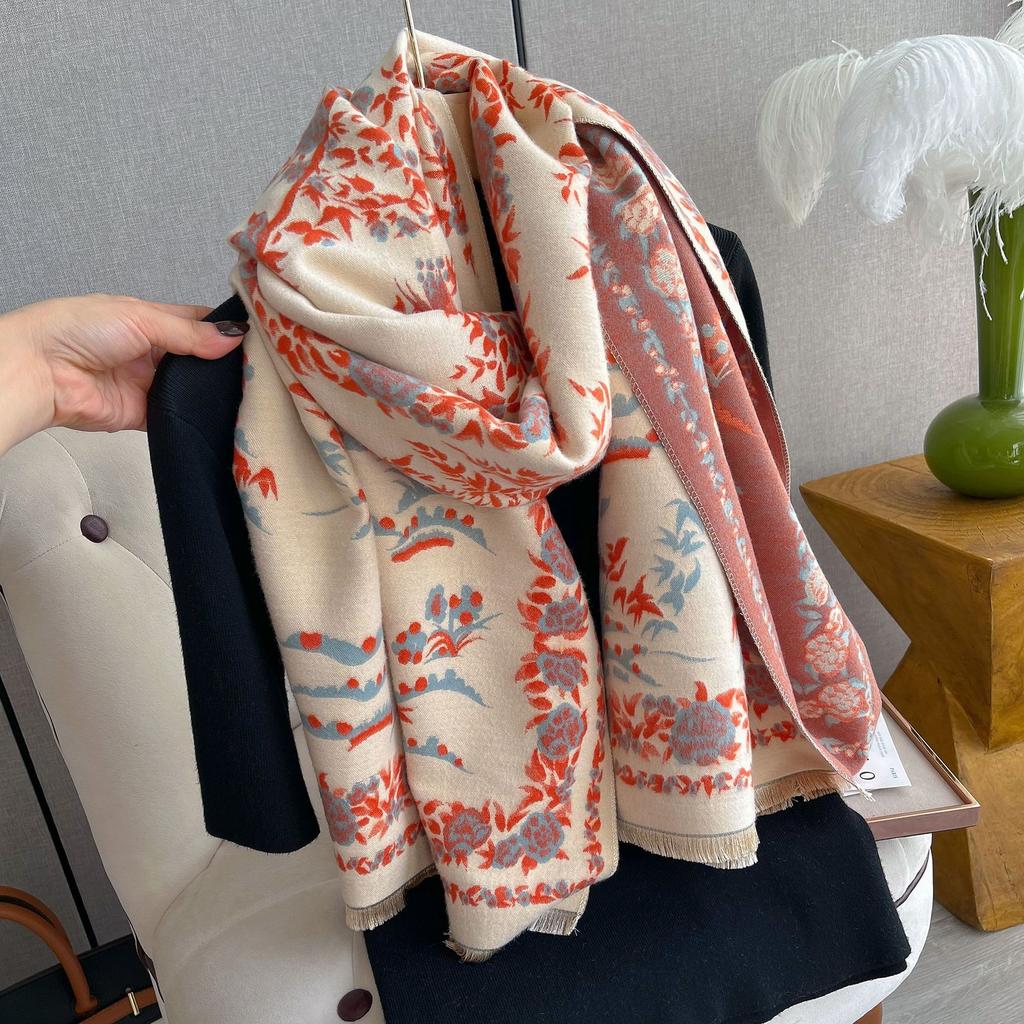 Classic Floral Print Polyester Scarf for Women - Thick Warm Shawl with Short Fringe - Weekend Casual Decorative Wrap - Windproof, Woven Craftsmanship