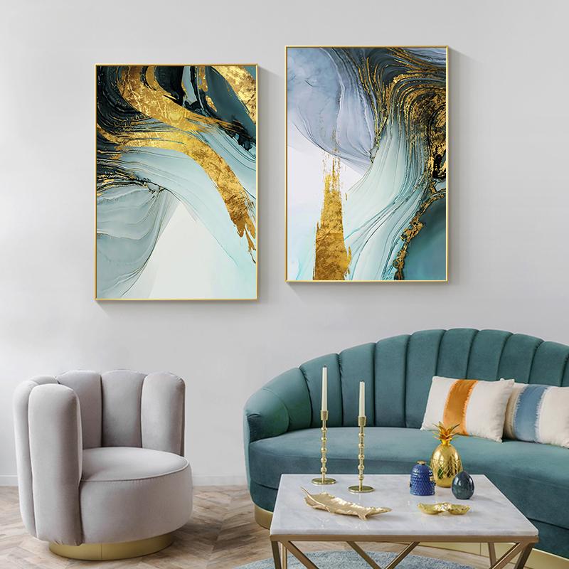 Скандинавские абстрактные картины из золотой фольги, зеленые холсты, настенные декоративные картины, постеры и принты, украшение для гостиной, дома