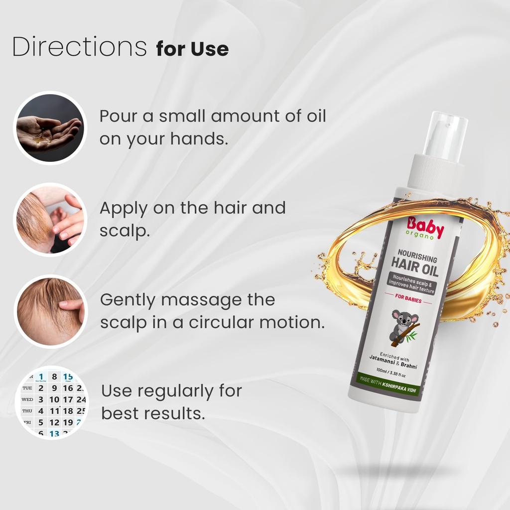 BabyOrgano Аюрведическое питательное масло для волос для младенцев и детей (0-3 года) – Лучшее масло для роста волос – Успокаивает дерматит – 100 мл