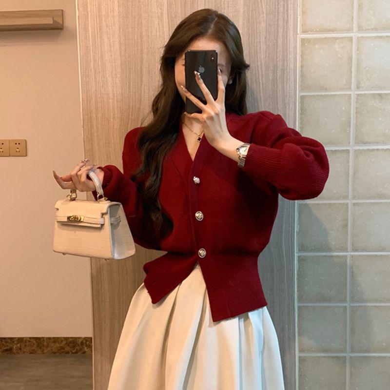 Маленький французский ароматный кардиган, женский свитер с аурой и v-образным вырезом, куртка с длинными рукавами, элитный свитер с чувством талии, женский топ