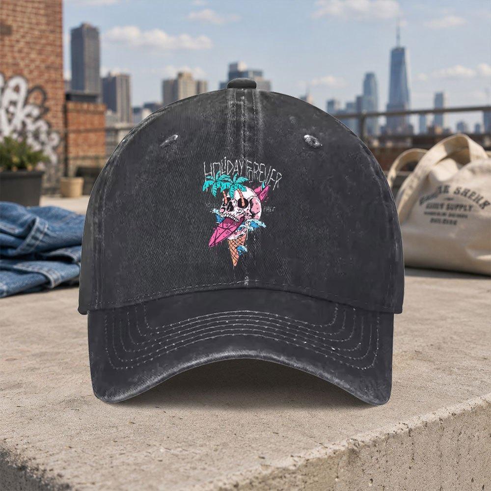 Skull Surfing Print Vintage Washed Baseball Cap Unisex Dad Hat Casual Street Style Accessory