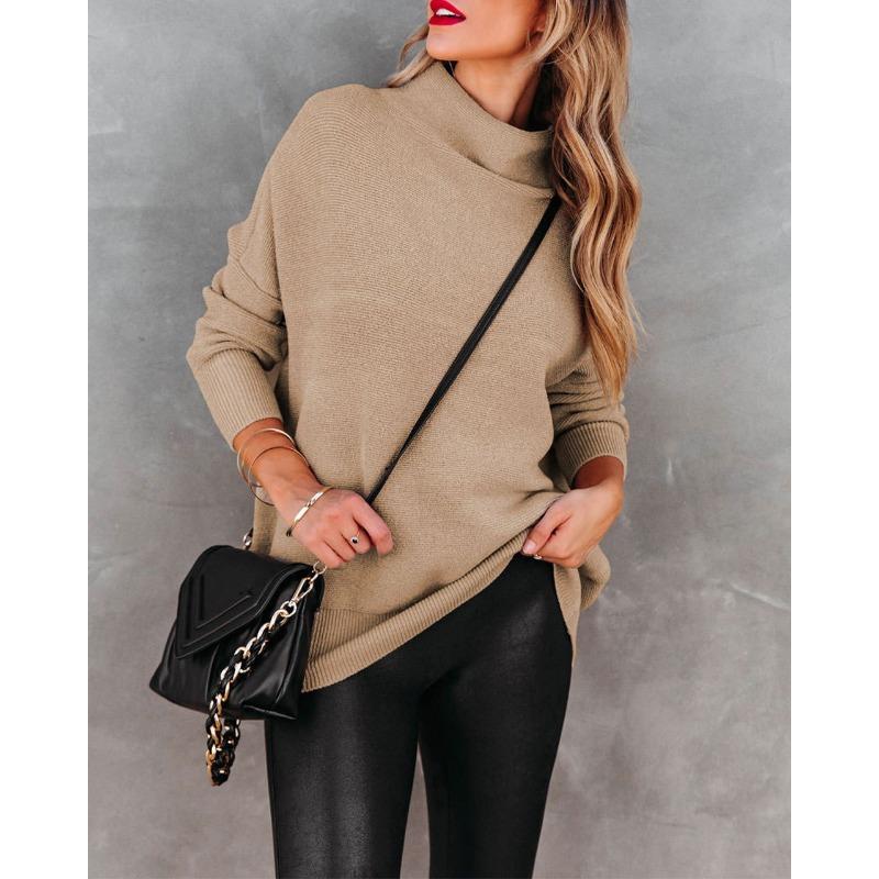 Женский осенне-зимний однотонный свободный свитер с высоким воротом на одно плечо