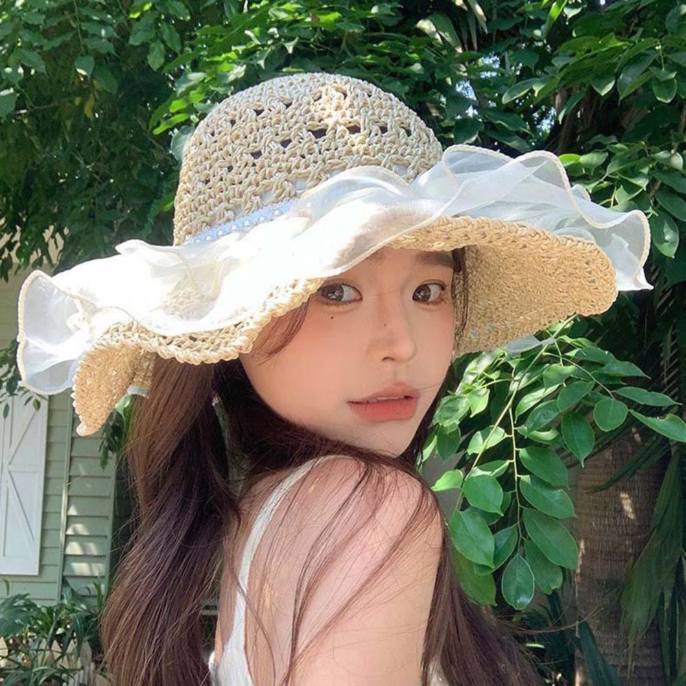 Breathable Straw Weaving Beach Hat Portable Big Brimmed Woven Cap Khaki Lace Pearls Sun Cap  Summer