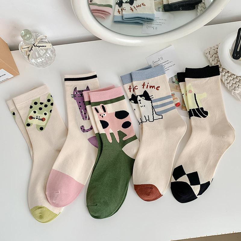 Смешные носки, модные носки Harajuku Vintage Cotton Womens, повседневные модные носки с рисунком из мультфильмов, милые японские носки для девочек Kawaii
