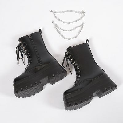 Женские ботфорты больших размеров 42 43 Модные на платформе Удобный дизайн с боковой молнией Массивный каблук Детали с цепочкой Ботинки до середины икры