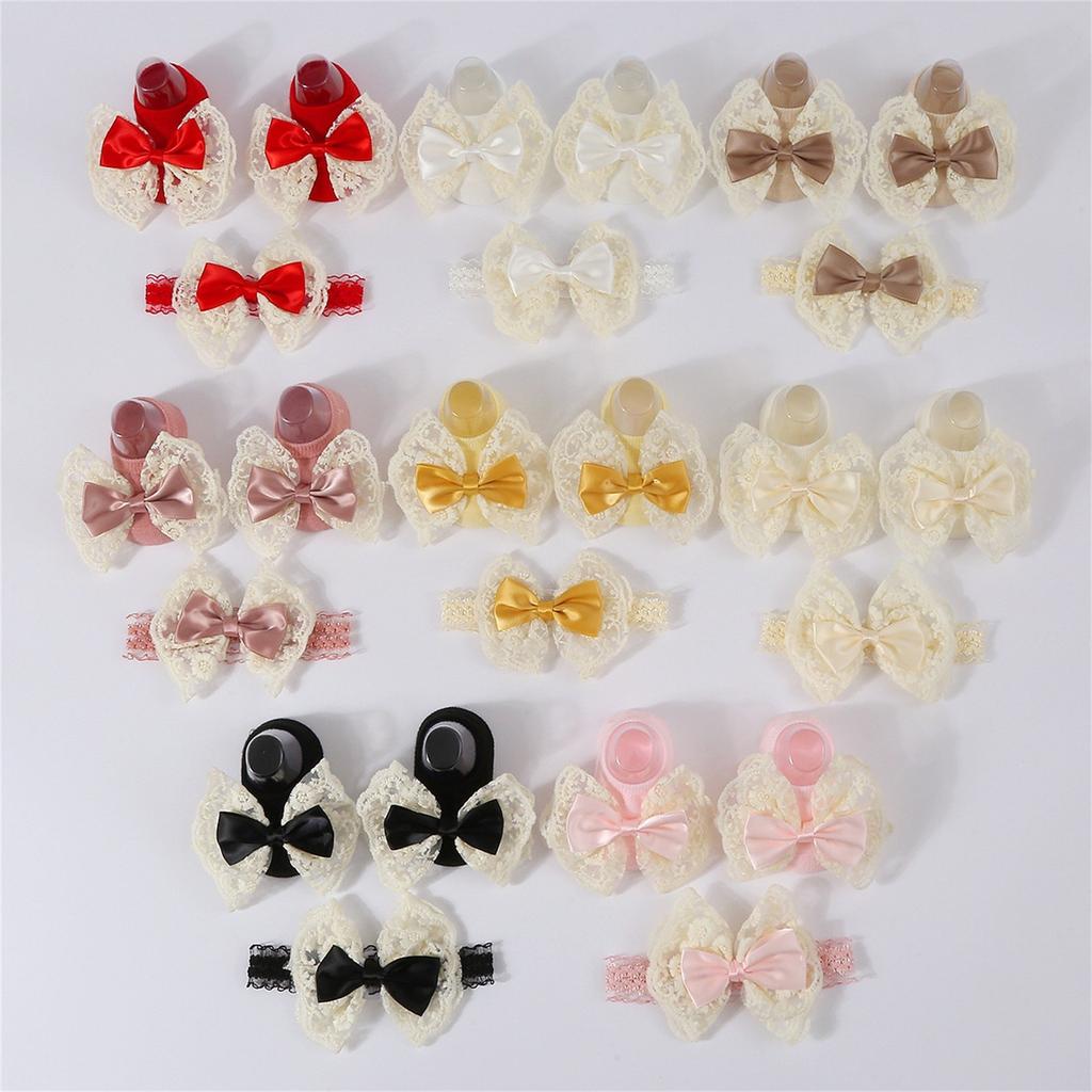 Baby Knitted Breathable Lace Bow Floor Socks + Hairband Color Matching Set