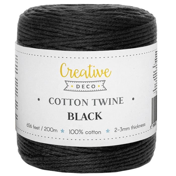 Corde Macramé - Creative Deco - 3mm x 200m - Coton Noir - 15 Plis - Épaisseur 0.5mm
