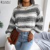 Autumn Women O-neck Long Sleeve Striped Knitted Cropped Pullover Sweaters Knitwear Jumpers