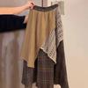 Korean Style Women's Autumn Winter Plaid Asymmetric Midi Skirt Retro Patchwork Hem Long Skirt