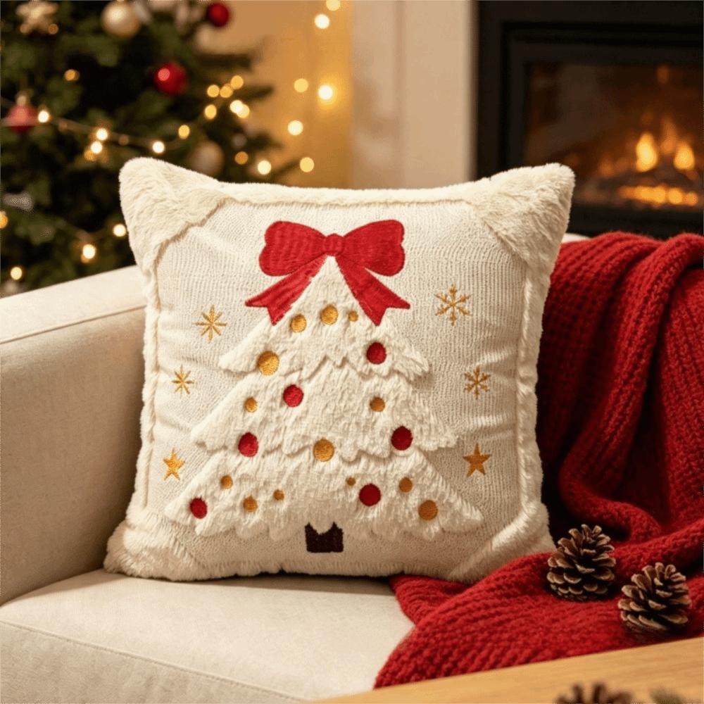 Soft Texture Christmas Throw Pillow Cover Embroidered Bow & Star Decorative Pillow Cover Home