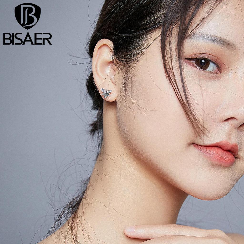 Bisaer Женские серьги-гвоздики из стерлингового серебра 925 пробы в стиле ретро с цветком и CZ Bee, ювелирные изделия в подарок