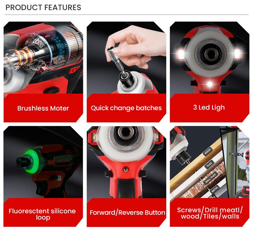 ONEVAN 588N.M Torque Brushless Electric Screwdriver 5 Speed  Cordless Impact Drill With 3 LED Light Battery For Makita 18V Tool