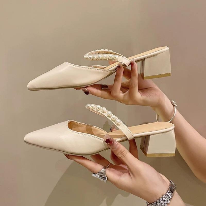 Pearl Lazy Cool Slippers Thick Heel Versatile Commuter Pointed Shoes Summer Wear Bag Head Shoes Fashion Square Heel Half Slippers