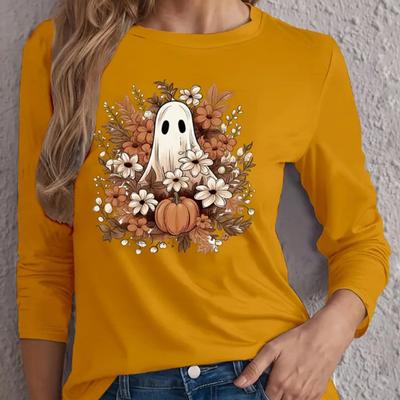 Топы для женщин с акварельной живописью и принтом тыквы-призрака, круглым вырезом и длинным рукавом, осенний повседневный тонкий пуловер, женский топ с длинным рукавом