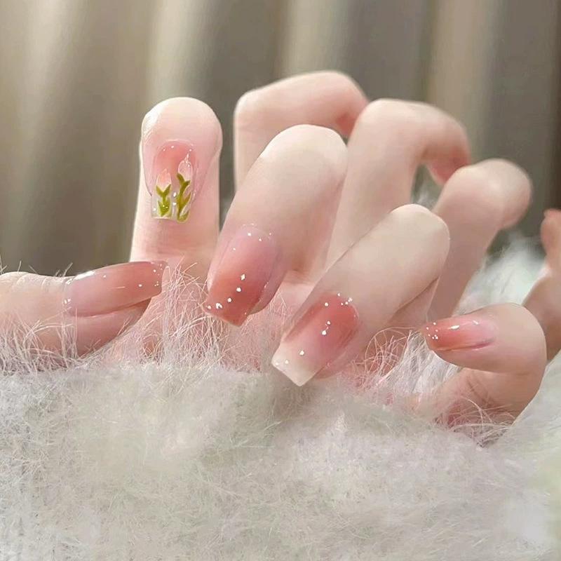 Простые Милые Постепенно Меняющиеся Тюльпаны Носить Короткий Ноготь Весенний Ноготь Съемная Накладка на Ноготь